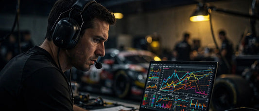 Race engineer reviewing telemetry data on laptop in pit garage