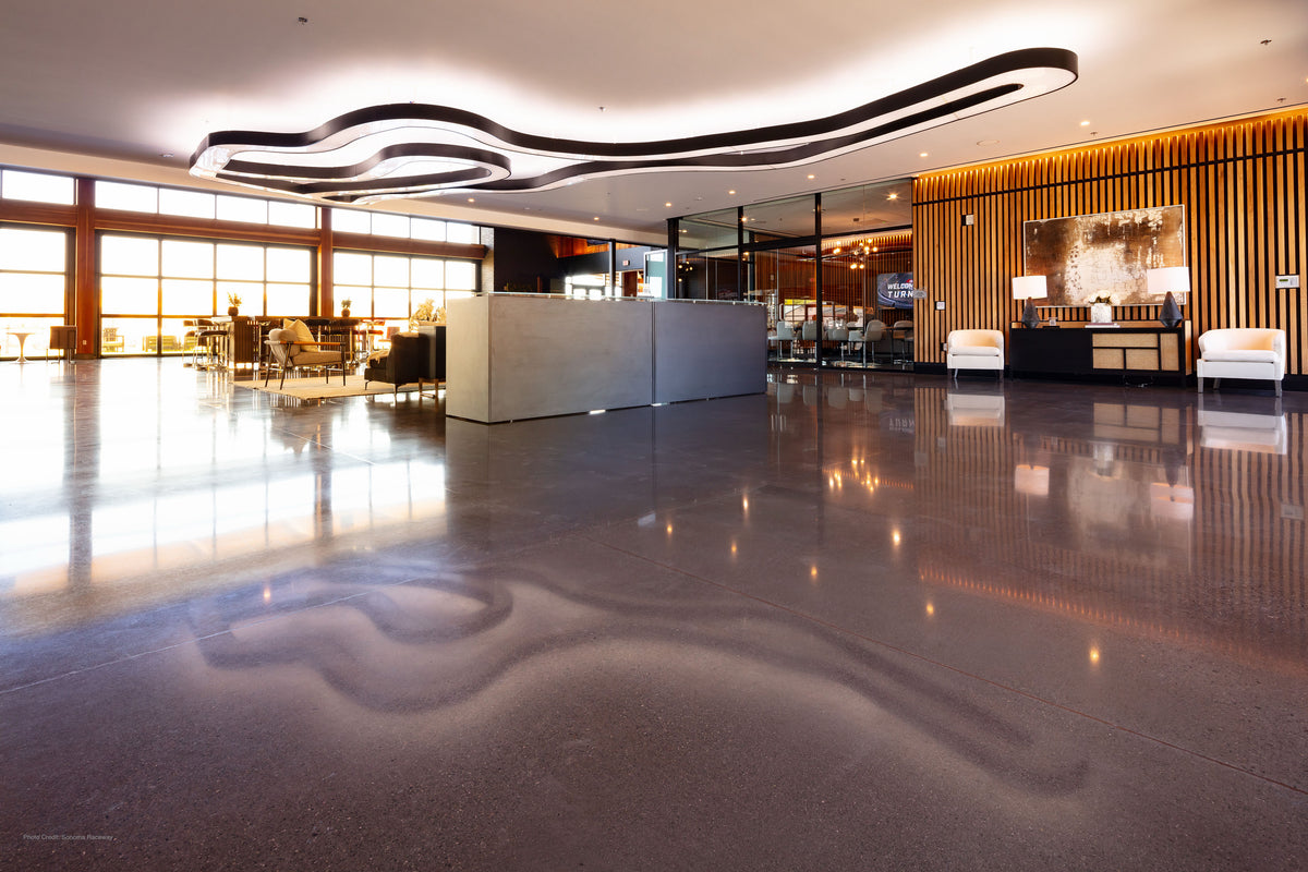 Modern event lounge with a view of the track